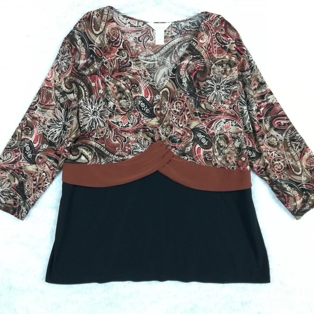 C. J. Banks Womens Blouse Top Layered Paisley Floral Brown Black Stretch Plus 1X